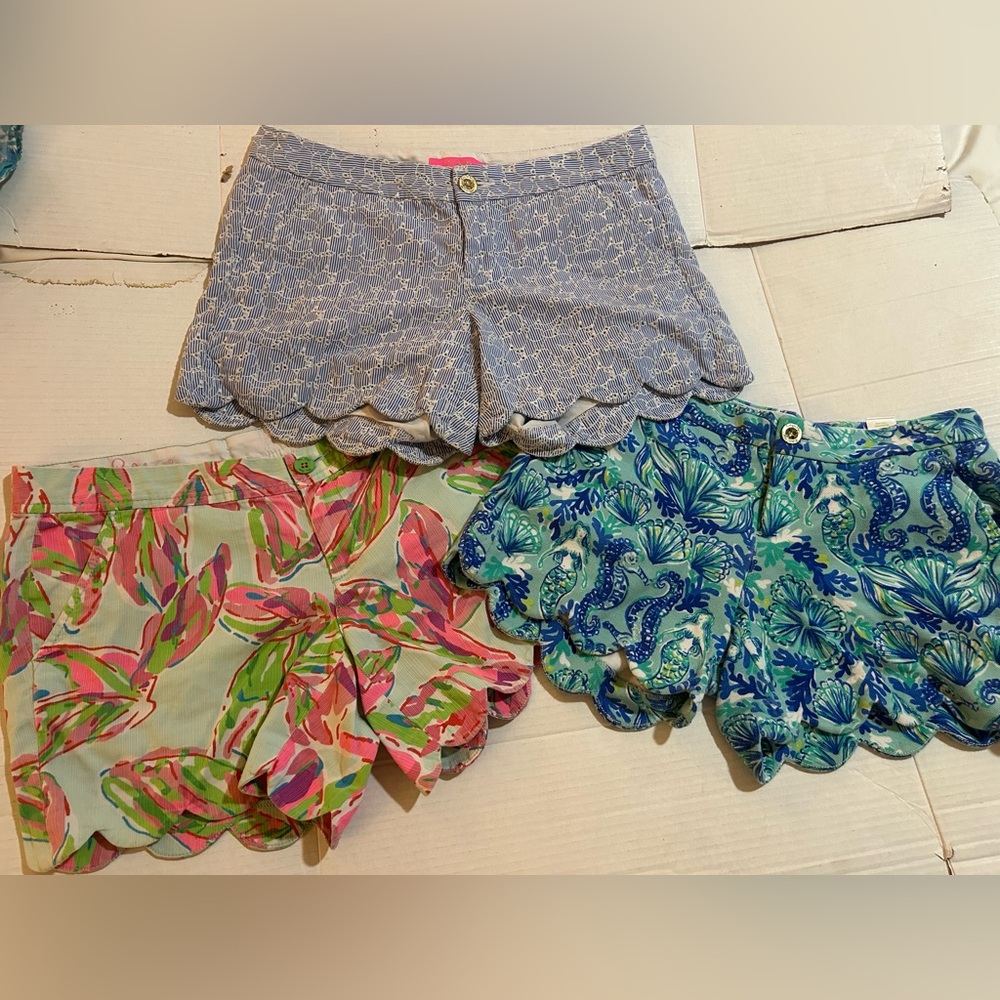 lot of 3 Lilly Pulitzer Buttercup Sz 4 shorts Seahorse Vias seersucker scalloped